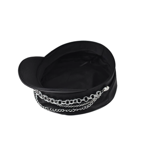 Detail of black PU leather baker boy hat with triple silver metal chain accents