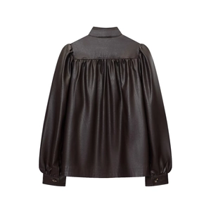 Women's dark brown stand collar PU leather jacket with pleated back and lantern sleeves