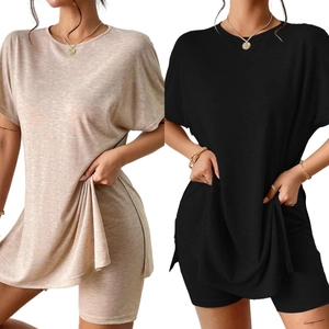 Women Casual Loungewear Oversized Crew Neck Side Slit Top And Biker Shorts Polyester Spandex Solid Color Comfort
