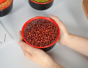 Macro detail of artificial red bean soup model in a red and black decorative storage bowl