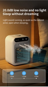 Detailed view of the mini air cooler on a nightstand showing low noise levels and display