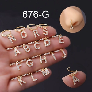 Alphabet Letter Pendant Nose Hoop Ring Copper Micro Set Zircon Initial Dangle Trendy Piercing Jewelry For Women Gold Silver