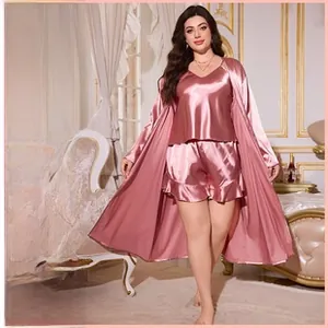 Three-piece silk satin pajama set with camisole, shorts and robe in dusty rose pink