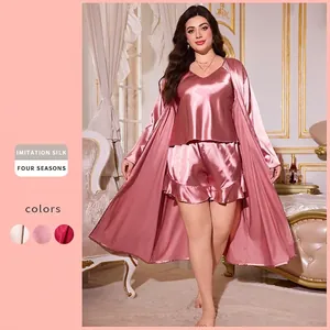 Women Plus Size Loungewear Robe Camisole And Shorts Satin Imitation Satin V Neck Sleepwear Loose Casual