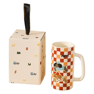 Cute ceramic puppy mug gift set with red checkerboard pattern and high-capacity cup