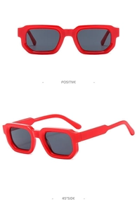 Classic red thick frame square sunglasses with dark grey lenses in front and side view
