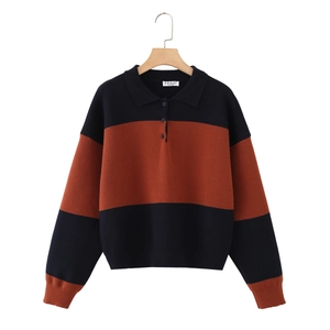 Women's knit polo shirt with navy and orange stripes, long sleeves and classic collar