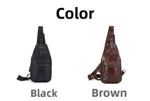 Detail view of premium leather men's chest bags in black and brown with metal zippers