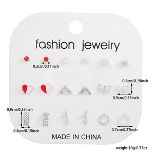 Detailed size specifications for 9-pair set of heart and geometric stud earrings