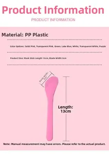Detail view of 13cm PP plastic facial mask mixing spatula showing dimensions and colors