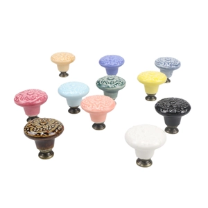 Set of 10 colorful embossed ceramic drawer knobs with antique bronze metal bases