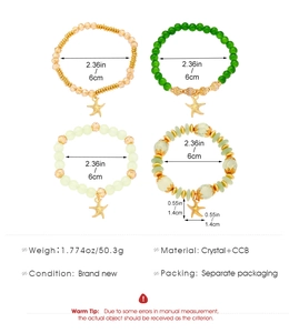 Detail view of colorful bohemian beaded bracelets set with starfish charms and dimensions