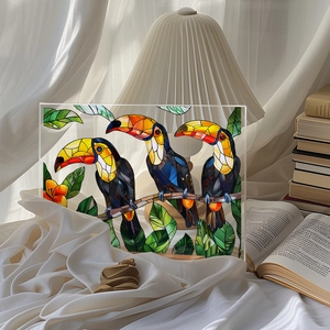 Detailed view of acrylic toucan desk decor with stained glass effect on white fabric