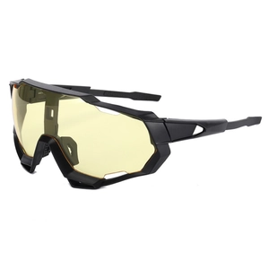 Men's cycling sunglasses with black frame and vibrant yellow lenses for wind protection