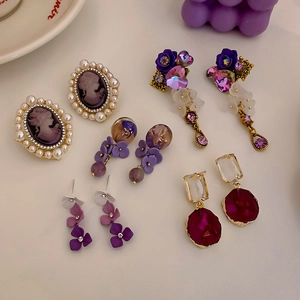 Purple Drop Earrings With 925 Sterling Silver Earring Post French Vintage Floral Heart Artificial Pearl Crystal Jewelry For Women