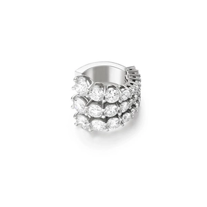 Macro detail of silver layered ear cuff featuring three rows of brilliant white crystals