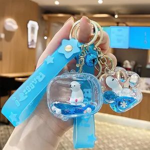 Cute Cartoon Liquid Quicksand Keychain Acrylic Polar Bear Ocean Marine Animal Bag Pendant Charm For Women Girls Gift