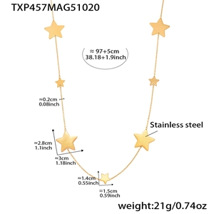 Detailed size chart for long golden stainless steel star necklace with multi-star pendants