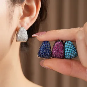 Chic C-shaped huggie earrings with colorful pavé cubic zirconia in a triangular design
