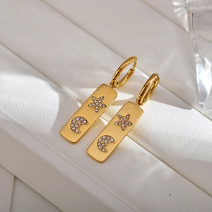 Chic gold stainless steel rectangular drop earrings with star and moon zircon details