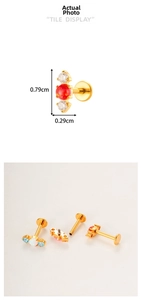 Detailed size view of G23 titanium labret studs with colorful opal inlay and flat back