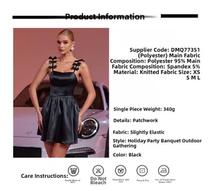 Détails de la mini robe en satin noir avec bretelles à nœuds et spécifications