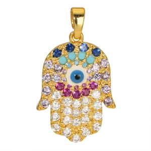 Ciondolo mano di Hamsa dorato con zirconi colorati e ciondolo malocchio in smalto