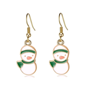Close-up of enamel snowman Christmas earrings with gold hooks on a white background