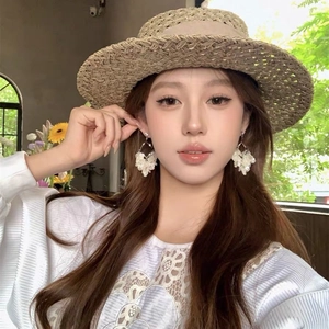 French style tulle crystal flower tassel earrings with straw sun hat for a summer look