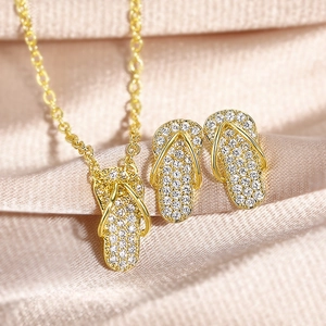 Flip Flop Sieraden Koper Verguld Zirkoon Slipper Hanger Ketting En Oorknopjes Schattige Mode Dames Accessoires