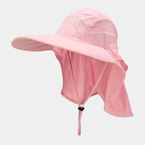 Pink wide brim outdoor sun hat with neck flap and breathable mesh for sun protection