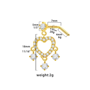 Detailed size chart for heart-shaped zircon nose stud with chain and gold finish