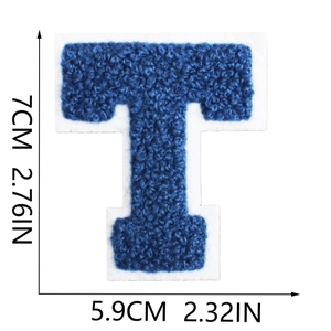 Detailed size chart for blue chenille letter T embroidery patch showing 7cm height