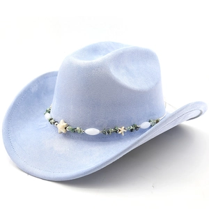 Close-up of light blue suede cowboy hat with sea star beads and turquoise stone trim