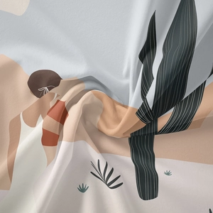 Detailed fabric texture of Bohemian tapestry with modern minimalist illustration print