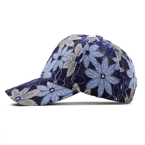 Navy blue lace baseball cap with floral embroidery for sun protection and street fashion