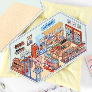 3D DIY supermarket scene stickers for student crafts featuring shelves and grocery details