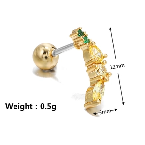 Detail of 12mm curved cartilage piercing with yellow marquise zircons and 0.5g screw back