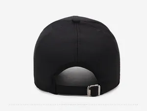 Rear view of black baseball cap showing the twill fabric and silver metal buckle adjustment