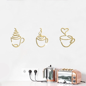 Modern 3D gold mirror acrylic coffee cup wall stickers set for kitchen decoration