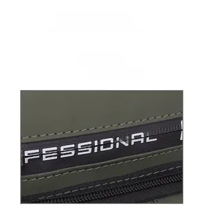 Detail view of water-resistant green chest bag with durable zipper and textile tape