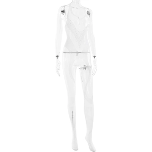 Detail van witte mesh bodysuit met fonkelend v-hals patroon van strassteentjes