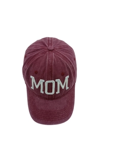 Top down view of burgundy washed cotton baseball cap with white MOM 3D embroidery detail