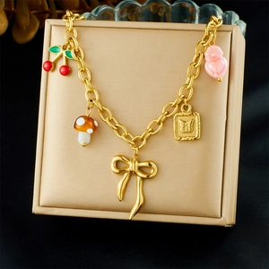 Gold Plated Stainless Steel Multi Pendant Necklace With Cherry Mushroom Bowknot Butterfly Heart Charms For Women Sweet Jewelry
