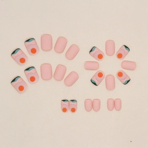Short square matte pink press-on nails with sunset sea landscape illustration set