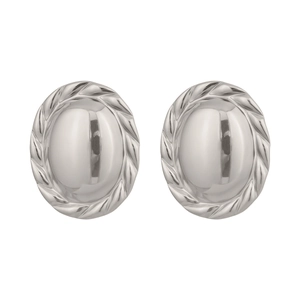 Close-up of silver oval stud earrings featuring a polished center and twisted rope border