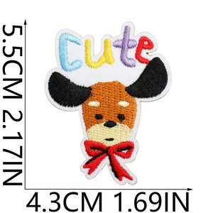 Detailed size view of embroidered dachshund dog patch with Cute lettering and bow