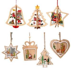 Set of laser-cut wooden Christmas ornaments with festive reindeer and snowflake patterns
