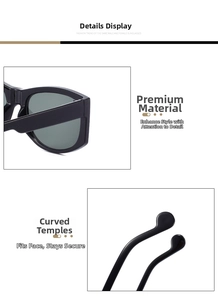 Detailed close-up of ergonomic curved temples and hinges on black square sunglasses