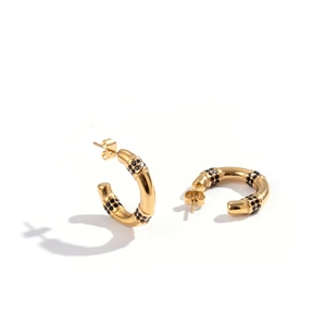 Elegant gold C-shaped titanium steel earrings featuring micro-set black gemstones